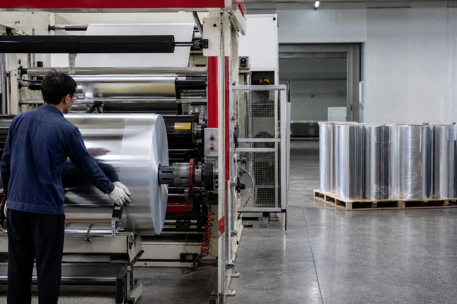 Industrial slitting and rewinding of metallized film rolls